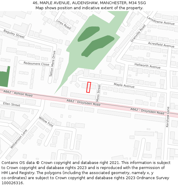 46, MAPLE AVENUE, AUDENSHAW, MANCHESTER, M34 5SG: Location map and indicative extent of plot