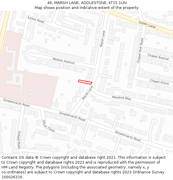 46, MARSH LANE, ADDLESTONE, KT15 1UN: Location map and indicative extent of plot