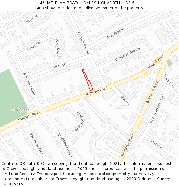 46, MELTHAM ROAD, HONLEY, HOLMFIRTH, HD9 6HL: Location map and indicative extent of plot