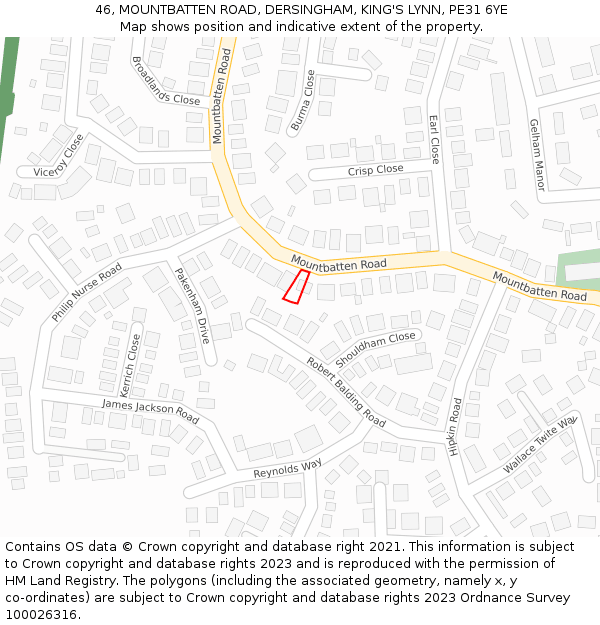 46, MOUNTBATTEN ROAD, DERSINGHAM, KING'S LYNN, PE31 6YE: Location map and indicative extent of plot
