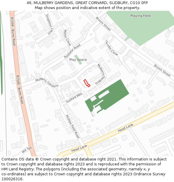 46, MULBERRY GARDENS, GREAT CORNARD, SUDBURY, CO10 0FP: Location map and indicative extent of plot
