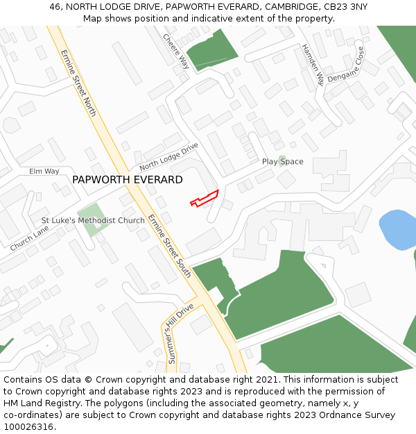 46, NORTH LODGE DRIVE, PAPWORTH EVERARD, CAMBRIDGE, CB23 3NY: Location map and indicative extent of plot