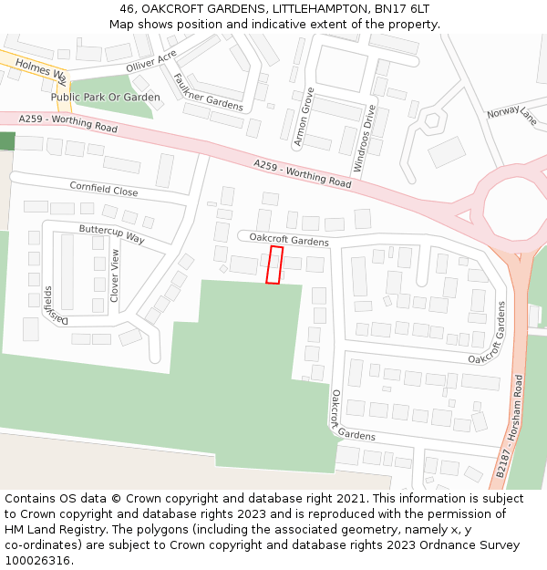 46, OAKCROFT GARDENS, LITTLEHAMPTON, BN17 6LT: Location map and indicative extent of plot