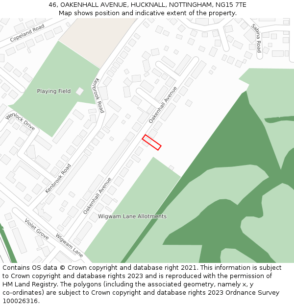 46, OAKENHALL AVENUE, HUCKNALL, NOTTINGHAM, NG15 7TE: Location map and indicative extent of plot