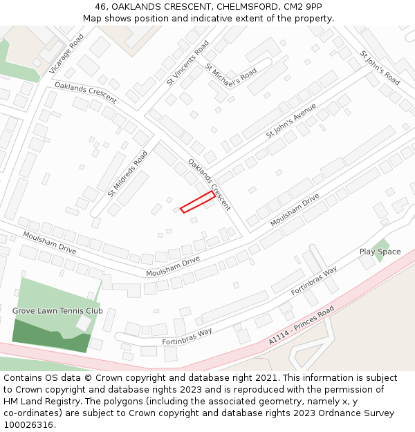 46, OAKLANDS CRESCENT, CHELMSFORD, CM2 9PP: Location map and indicative extent of plot