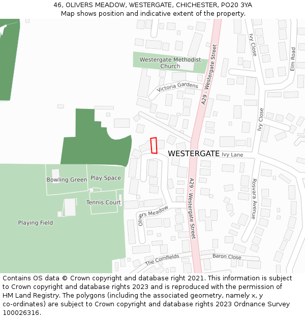 46, OLIVERS MEADOW, WESTERGATE, CHICHESTER, PO20 3YA: Location map and indicative extent of plot