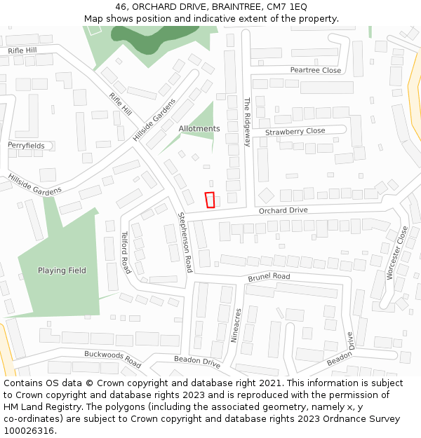 46, ORCHARD DRIVE, BRAINTREE, CM7 1EQ: Location map and indicative extent of plot