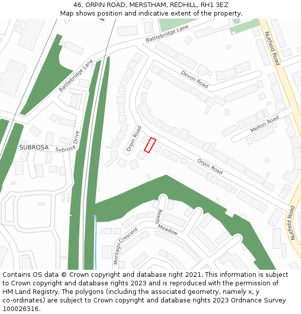 46, ORPIN ROAD, MERSTHAM, REDHILL, RH1 3EZ: Location map and indicative extent of plot