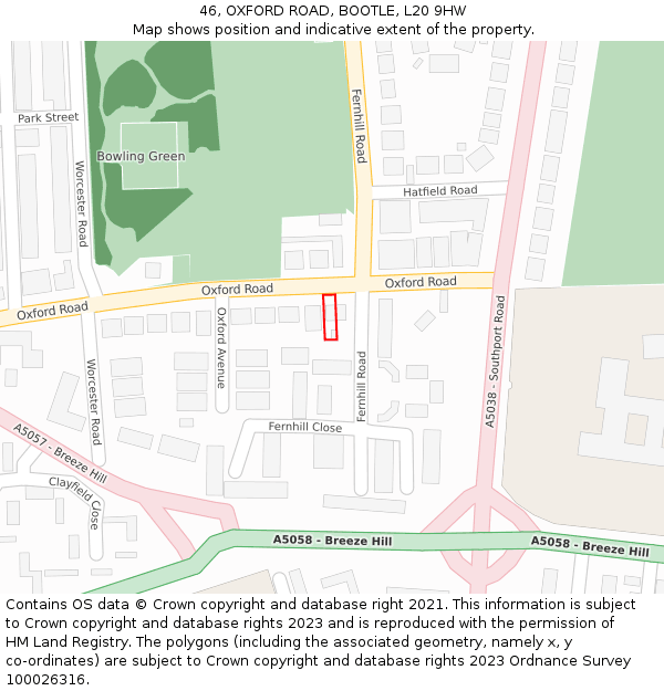 46, OXFORD ROAD, BOOTLE, L20 9HW: Location map and indicative extent of plot