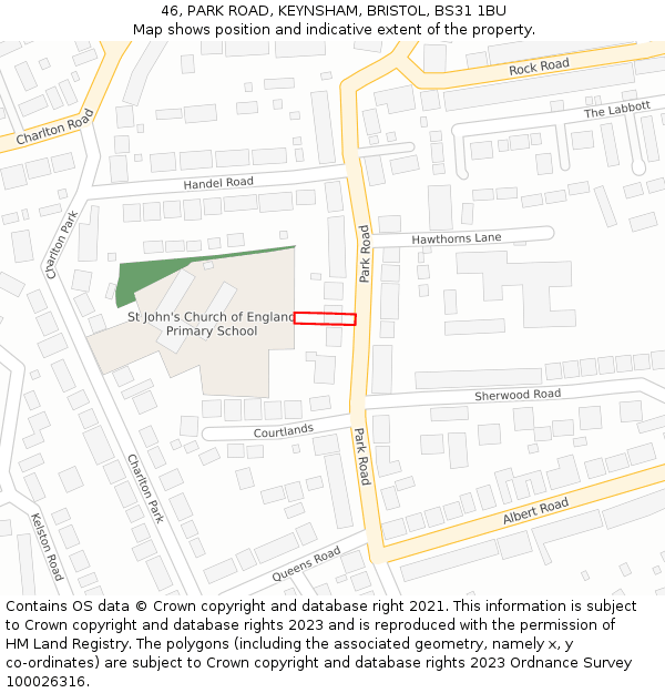 46, PARK ROAD, KEYNSHAM, BRISTOL, BS31 1BU: Location map and indicative extent of plot