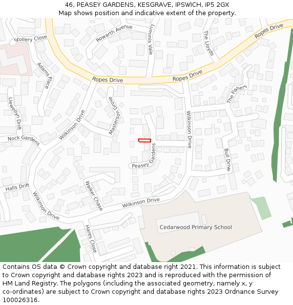 46, PEASEY GARDENS, KESGRAVE, IPSWICH, IP5 2GX: Location map and indicative extent of plot