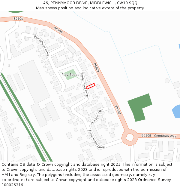 46, PENNYMOOR DRIVE, MIDDLEWICH, CW10 9QQ: Location map and indicative extent of plot