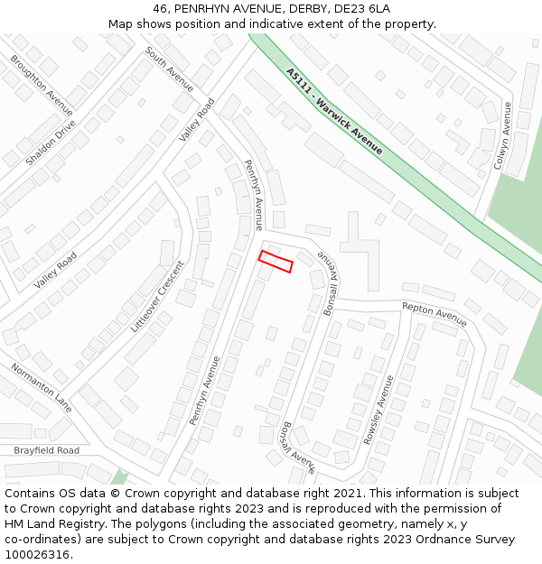 46, PENRHYN AVENUE, DERBY, DE23 6LA: Location map and indicative extent of plot