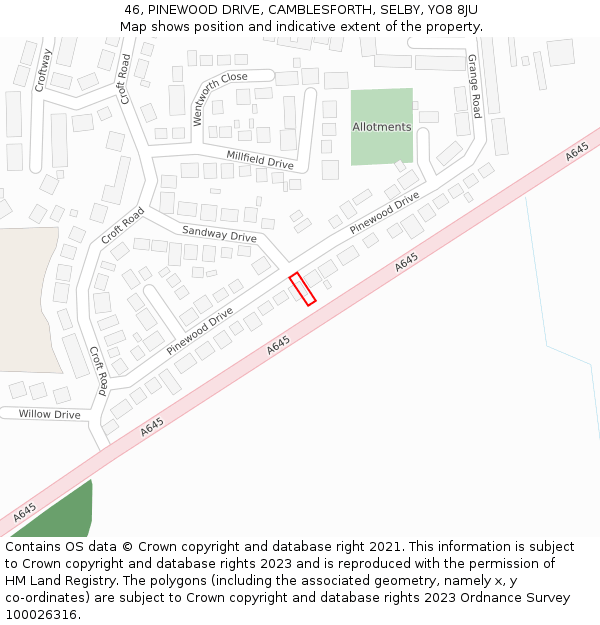 46, PINEWOOD DRIVE, CAMBLESFORTH, SELBY, YO8 8JU: Location map and indicative extent of plot