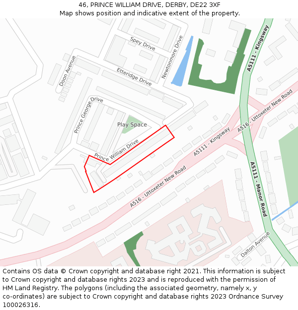 46, PRINCE WILLIAM DRIVE, DERBY, DE22 3XF: Location map and indicative extent of plot