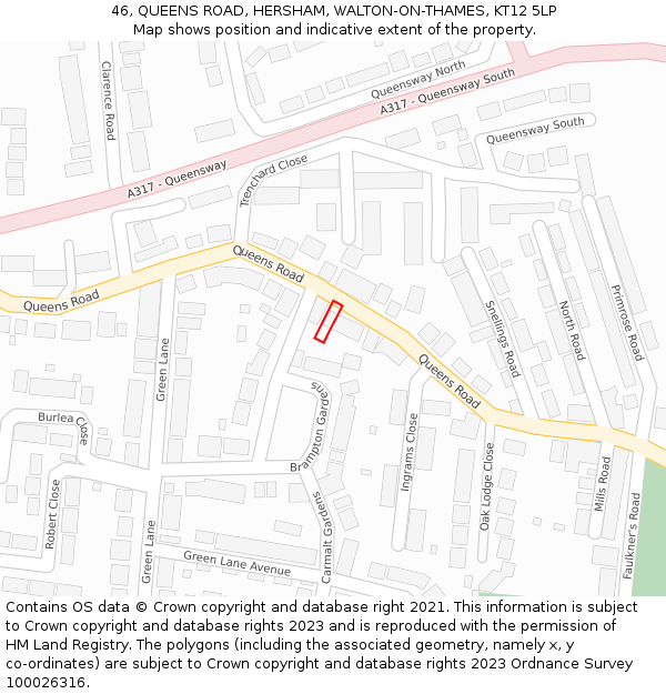 46, QUEENS ROAD, HERSHAM, WALTON-ON-THAMES, KT12 5LP: Location map and indicative extent of plot