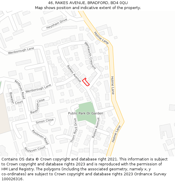 46, RAIKES AVENUE, BRADFORD, BD4 0QU: Location map and indicative extent of plot