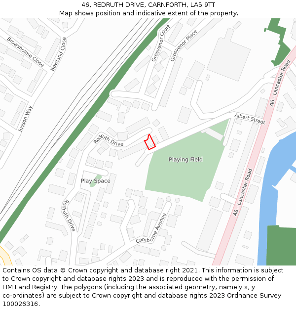 46, REDRUTH DRIVE, CARNFORTH, LA5 9TT: Location map and indicative extent of plot