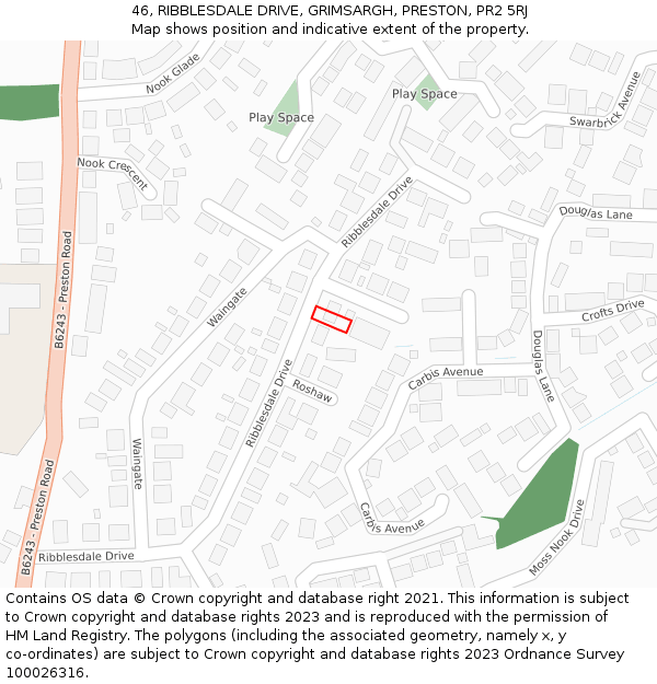 46, RIBBLESDALE DRIVE, GRIMSARGH, PRESTON, PR2 5RJ: Location map and indicative extent of plot