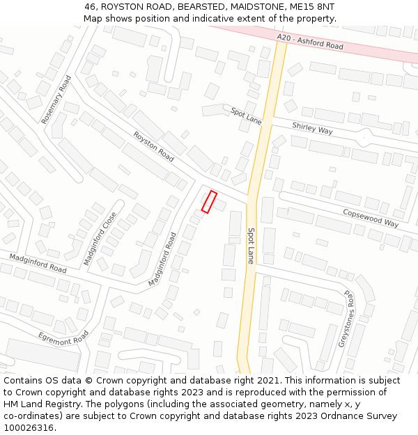 46, ROYSTON ROAD, BEARSTED, MAIDSTONE, ME15 8NT: Location map and indicative extent of plot