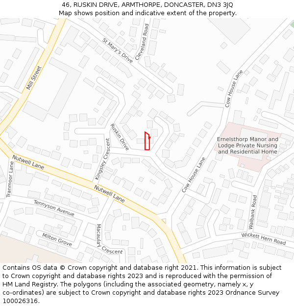 46, RUSKIN DRIVE, ARMTHORPE, DONCASTER, DN3 3JQ: Location map and indicative extent of plot