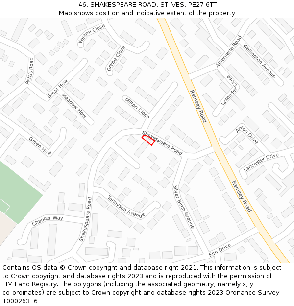 46, SHAKESPEARE ROAD, ST IVES, PE27 6TT: Location map and indicative extent of plot