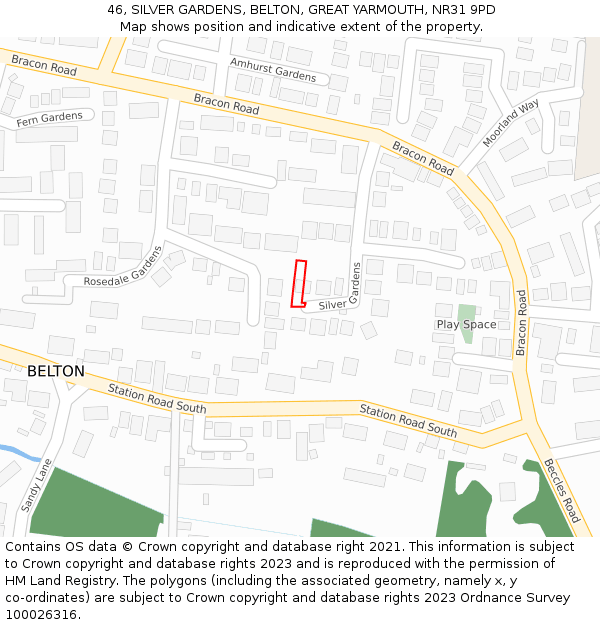46, SILVER GARDENS, BELTON, GREAT YARMOUTH, NR31 9PD: Location map and indicative extent of plot