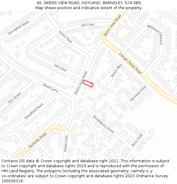 46, SKIERS VIEW ROAD, HOYLAND, BARNSLEY, S74 0BS: Location map and indicative extent of plot