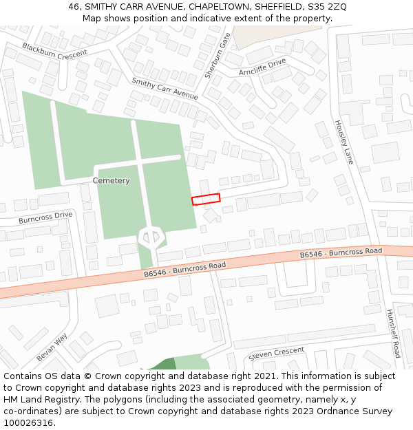 46, SMITHY CARR AVENUE, CHAPELTOWN, SHEFFIELD, S35 2ZQ: Location map and indicative extent of plot