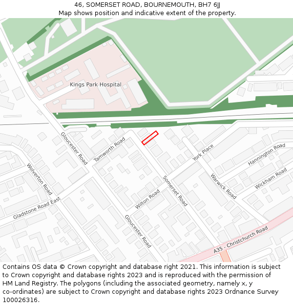 46, SOMERSET ROAD, BOURNEMOUTH, BH7 6JJ: Location map and indicative extent of plot