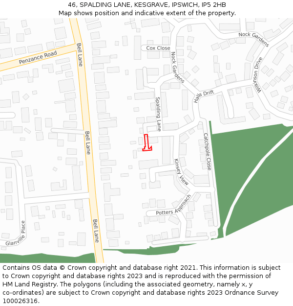 46, SPALDING LANE, KESGRAVE, IPSWICH, IP5 2HB: Location map and indicative extent of plot
