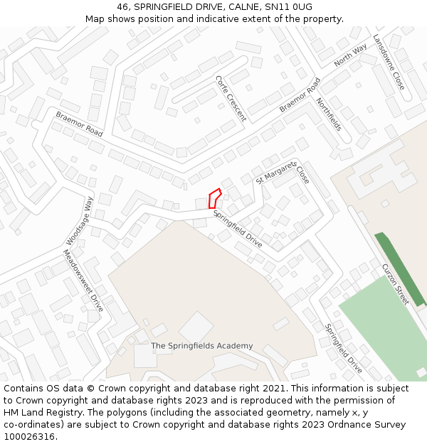 46, SPRINGFIELD DRIVE, CALNE, SN11 0UG: Location map and indicative extent of plot