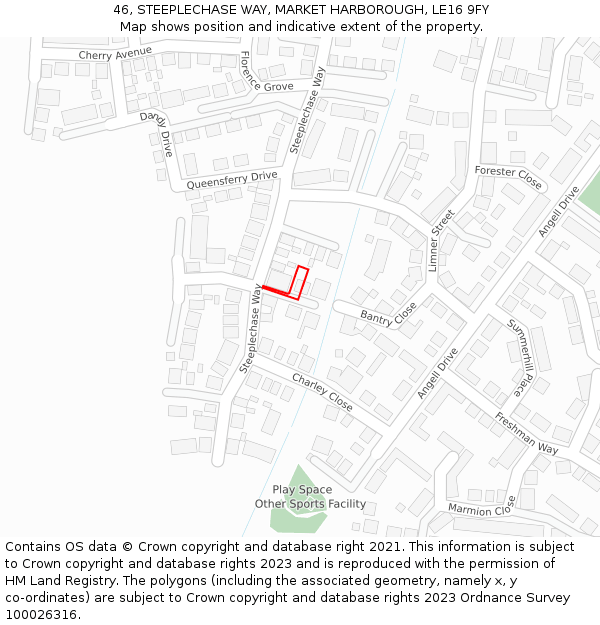 46, STEEPLECHASE WAY, MARKET HARBOROUGH, LE16 9FY: Location map and indicative extent of plot