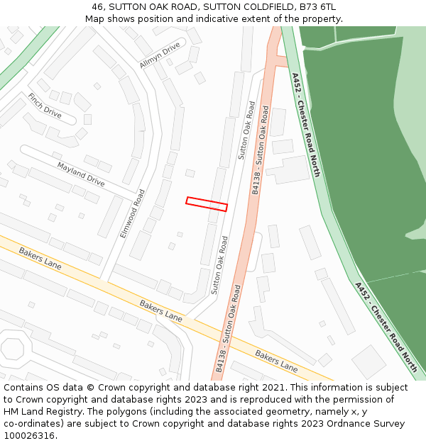 46, SUTTON OAK ROAD, SUTTON COLDFIELD, B73 6TL: Location map and indicative extent of plot