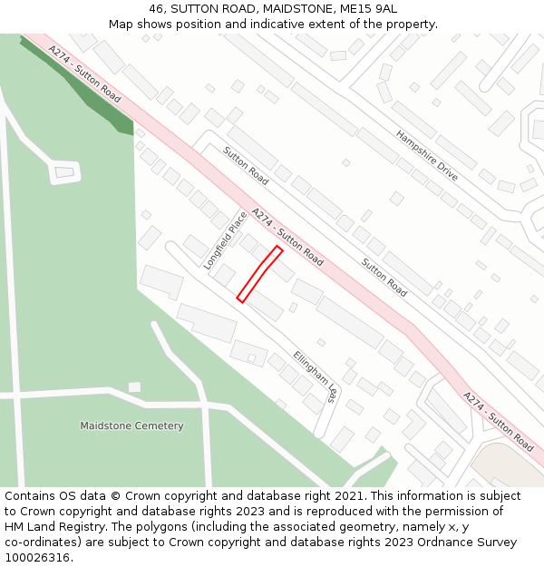 46, SUTTON ROAD, MAIDSTONE, ME15 9AL: Location map and indicative extent of plot