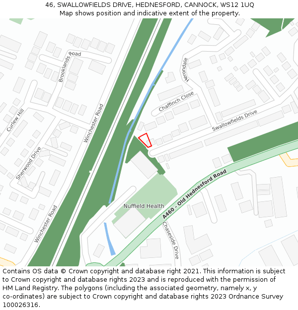 46, SWALLOWFIELDS DRIVE, HEDNESFORD, CANNOCK, WS12 1UQ: Location map and indicative extent of plot