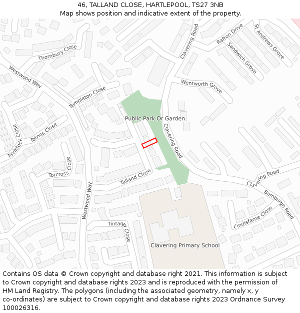 46, TALLAND CLOSE, HARTLEPOOL, TS27 3NB: Location map and indicative extent of plot