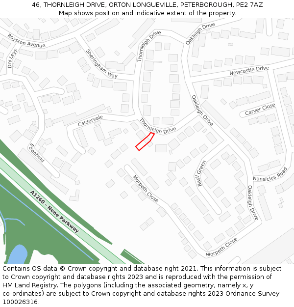 46, THORNLEIGH DRIVE, ORTON LONGUEVILLE, PETERBOROUGH, PE2 7AZ: Location map and indicative extent of plot