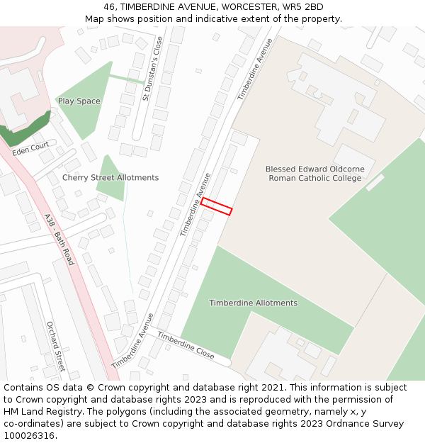 46, TIMBERDINE AVENUE, WORCESTER, WR5 2BD: Location map and indicative extent of plot