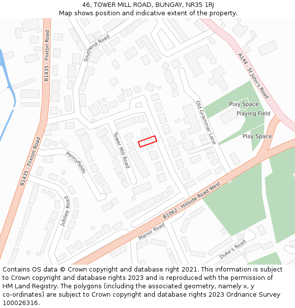 46, TOWER MILL ROAD, BUNGAY, NR35 1RJ: Location map and indicative extent of plot