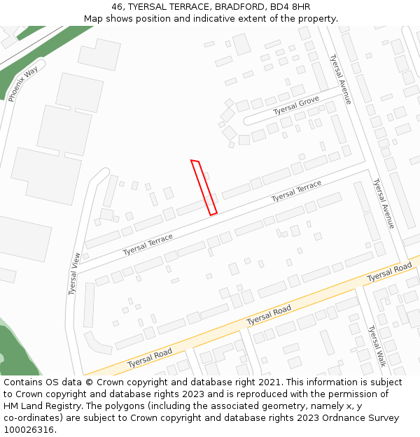 46, TYERSAL TERRACE, BRADFORD, BD4 8HR: Location map and indicative extent of plot