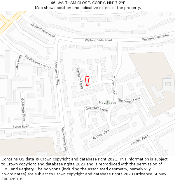 46, WALTHAM CLOSE, CORBY, NN17 2YF: Location map and indicative extent of plot