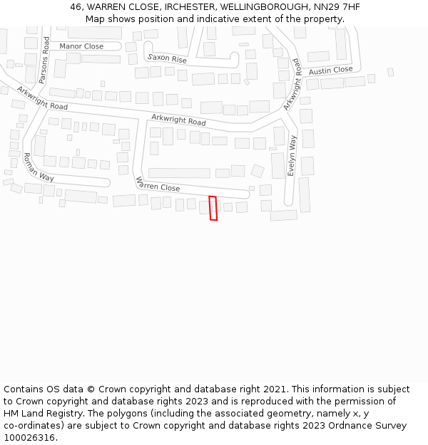 46, WARREN CLOSE, IRCHESTER, WELLINGBOROUGH, NN29 7HF: Location map and indicative extent of plot