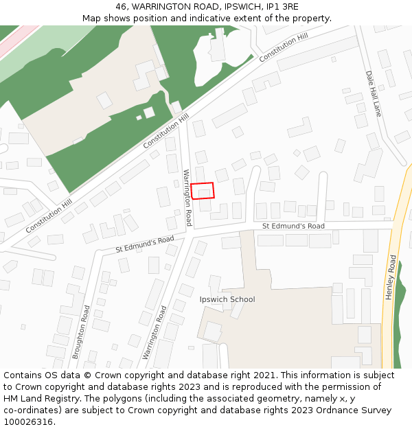 46, WARRINGTON ROAD, IPSWICH, IP1 3RE: Location map and indicative extent of plot