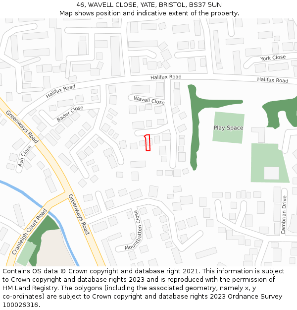 46, WAVELL CLOSE, YATE, BRISTOL, BS37 5UN: Location map and indicative extent of plot