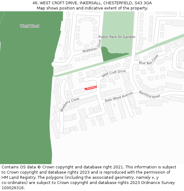46, WEST CROFT DRIVE, INKERSALL, CHESTERFIELD, S43 3GA: Location map and indicative extent of plot