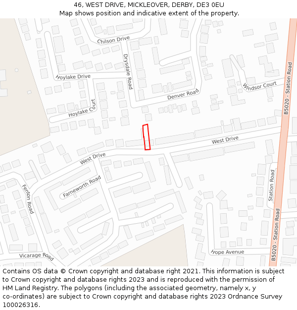 46, WEST DRIVE, MICKLEOVER, DERBY, DE3 0EU: Location map and indicative extent of plot