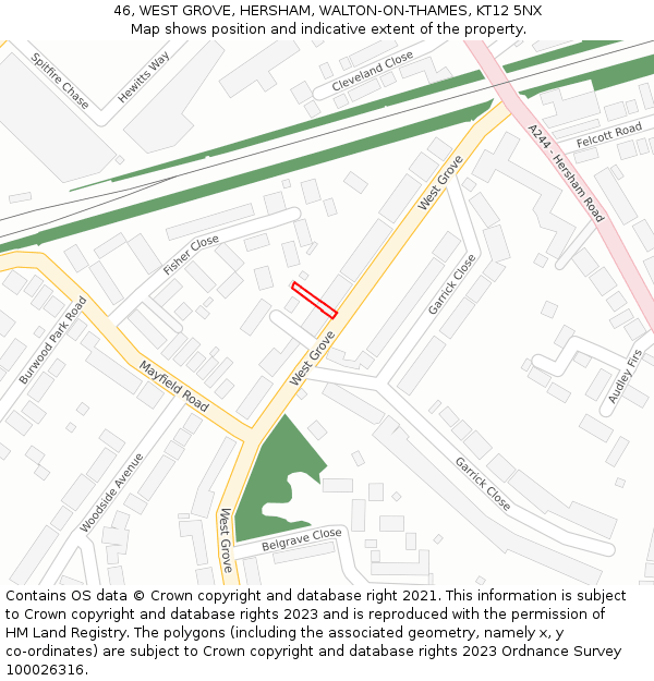46, WEST GROVE, HERSHAM, WALTON-ON-THAMES, KT12 5NX: Location map and indicative extent of plot