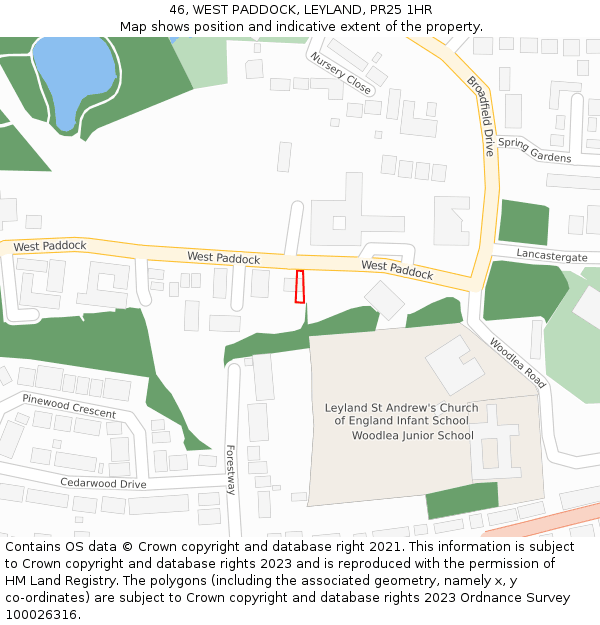 46, WEST PADDOCK, LEYLAND, PR25 1HR: Location map and indicative extent of plot