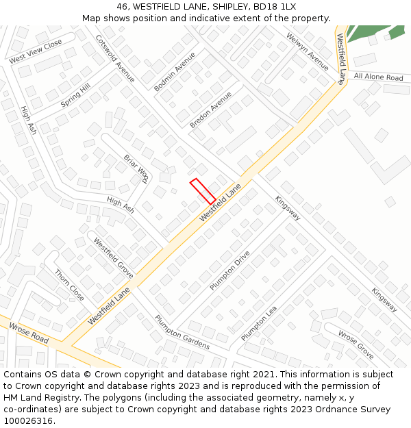 46, WESTFIELD LANE, SHIPLEY, BD18 1LX: Location map and indicative extent of plot